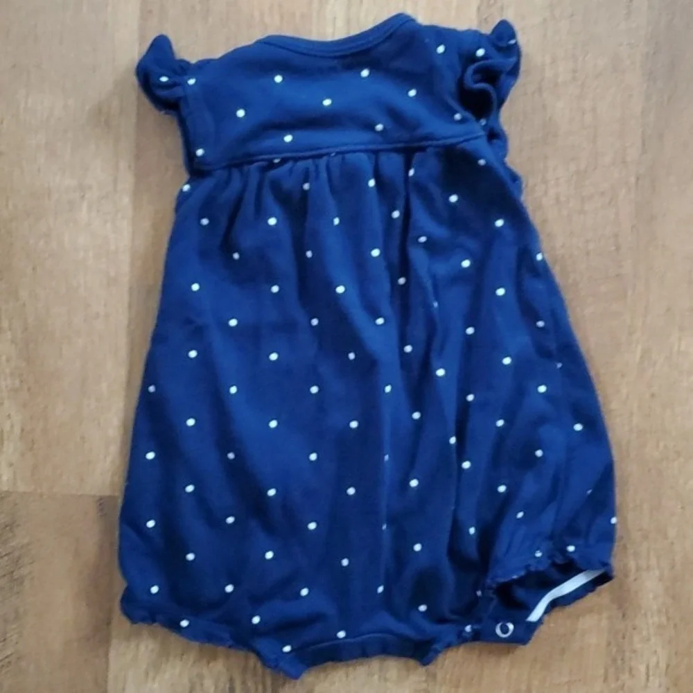 Carters Girls Summer Strawberry‎ Navy Polka Dot Romper One Piece Size 6M